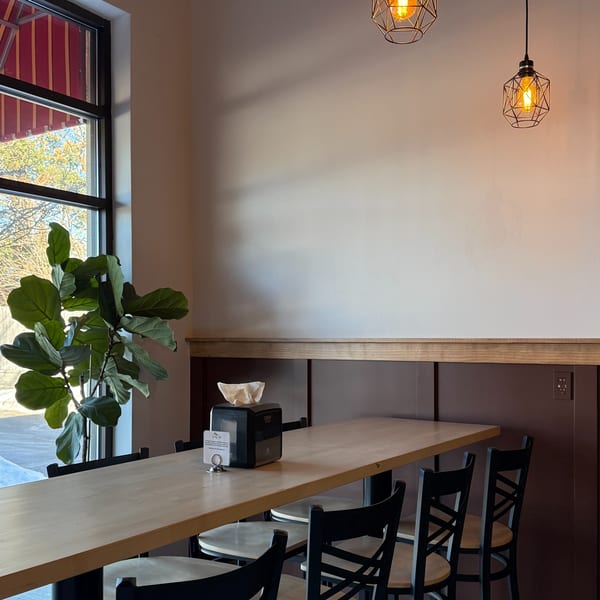 A long wooden table with black chairs, a plant, and hanging lights in Sunny Cafe.
