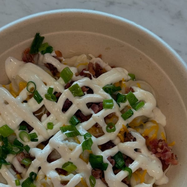 Close-up of a cafe bowl with potatoes, cheese, bacon bits, sour cream, and green onions.